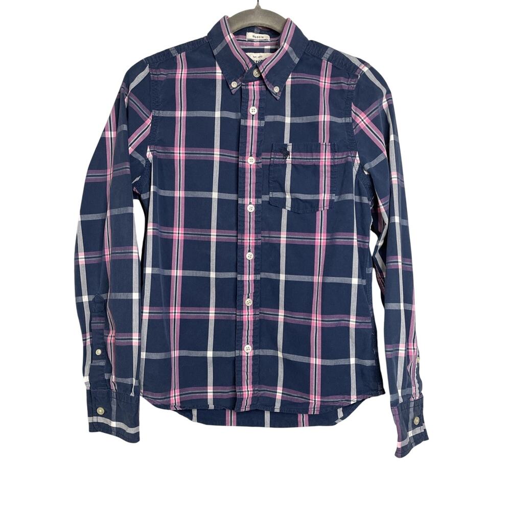 Abercrombie & Fitch Boys Muscle Shirt Size Large Plaid Cotton Button Up Preppy